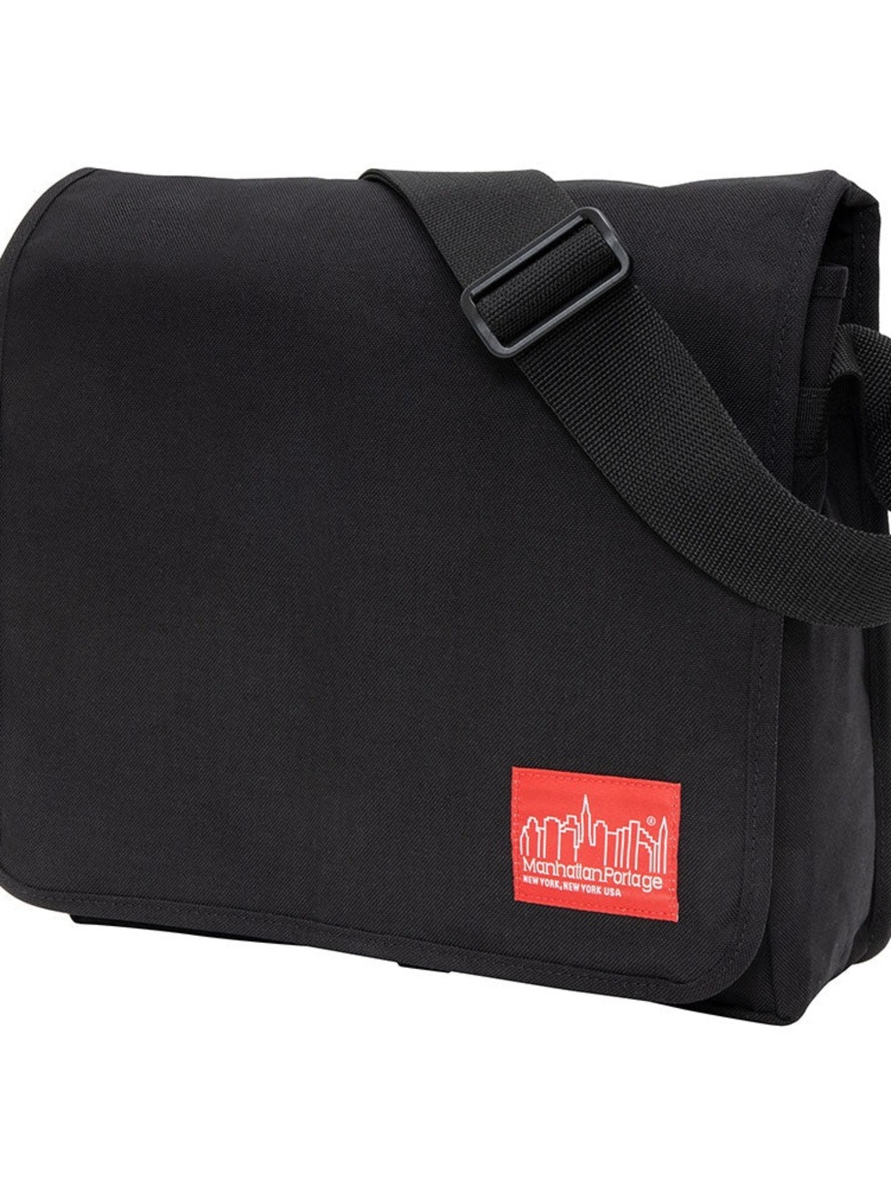 Manhattan Portage Black Canvas Messenger Bag with Red Logo Patch